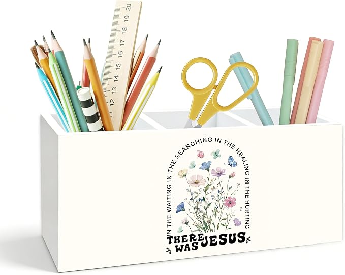 Christian Floral Pen Holder for Desk, Faith Based Gifts for Women, Jesus Bible Verse Wooden Box Pencil Pen Holder Organizer for Home Office Desk Accessories