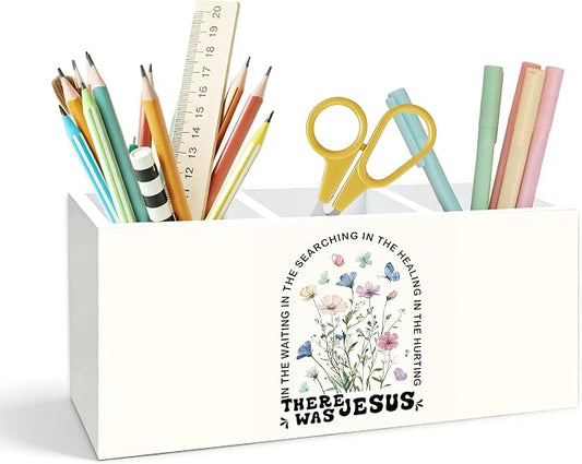 Christian Floral Pen Holder for Desk, Faith Based Gifts for Women, Jesus Bible Verse Wooden Box Pencil Pen Holder Organizer for Home Office Desk Accessories