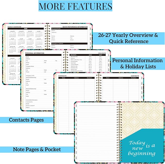 2026 Planner Weekly and Monthly,From Jan to Dec 2026,A5 Hardcover Academic Appointment Book with Tabs,100GSM Thick Paper,Back Pocket & Bookmark Ruler,Cute Floral Agenda for Women Teachers Students
