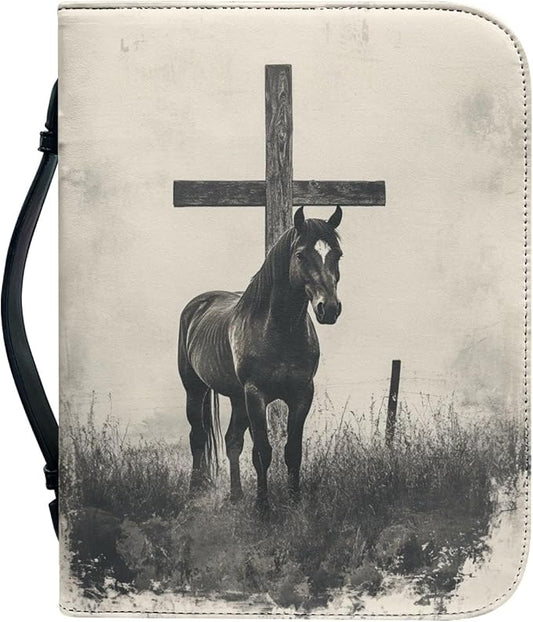 Retro Cross Horse Bible Cover for Women, Soft Leather Bible Case with Zipper Pockets for Pens Waterproof Religious Scripture Carrier for Outdoor Church Events