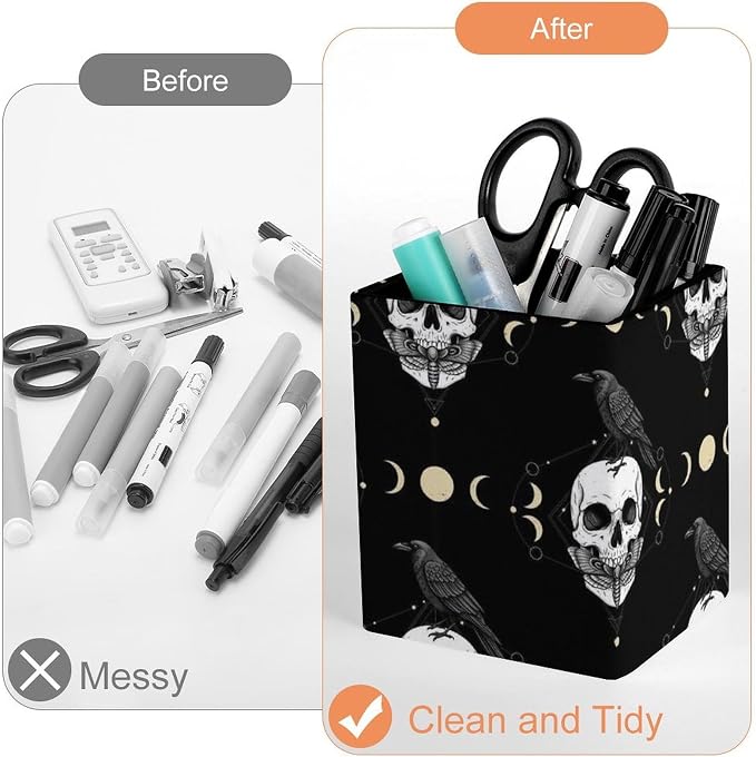 Men's Fashion Pencil Pen Holder Cup, Waterproof Office Supplies, Waterproof Multifunctional Office Supplies Black Raven Moon Skull