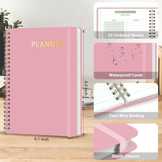 Undated Weekly Planner, Weekly To Do List Notebook with Goal, Organizer & Habit Tracker, A5 Daily Planner with Spiral Binding, Ideal for Office School Suppies