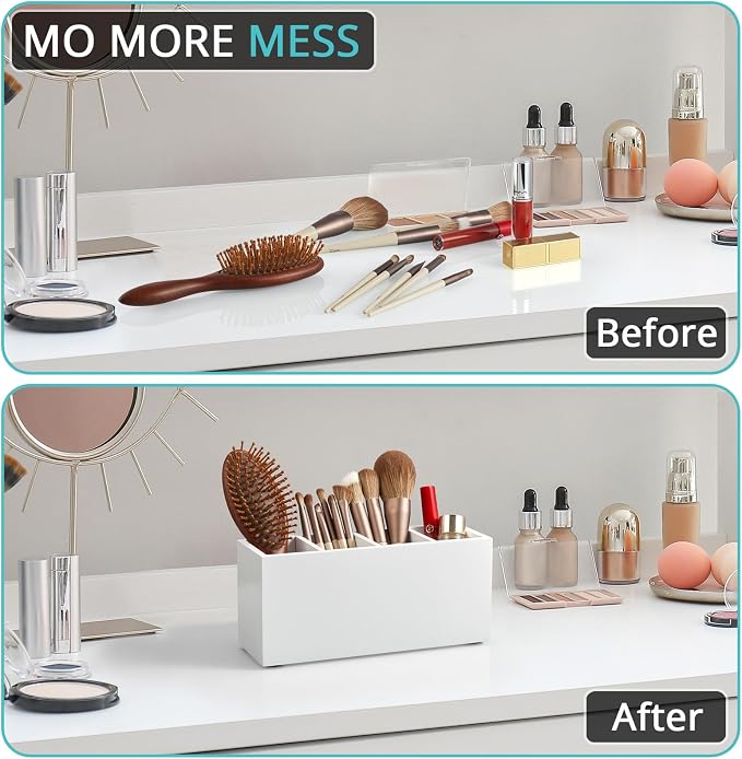 Bivvclaz Pencil Pen Holder for Desk, Wooden Office Desk Organizers and Accessories with 4 Slots for Countertop, Makeup Brush Holder Organizer for Bathroom Vanity, Silverware Caddy for Party, White