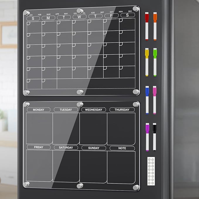 Acrylic Fridge Calendar, Magnetic Calendar for Refrigerator with 8 Colorful Markers, Clear Dry Erase Board Reusable Planning Set for Important Events, (Monthly Planner+Weekly Planner)