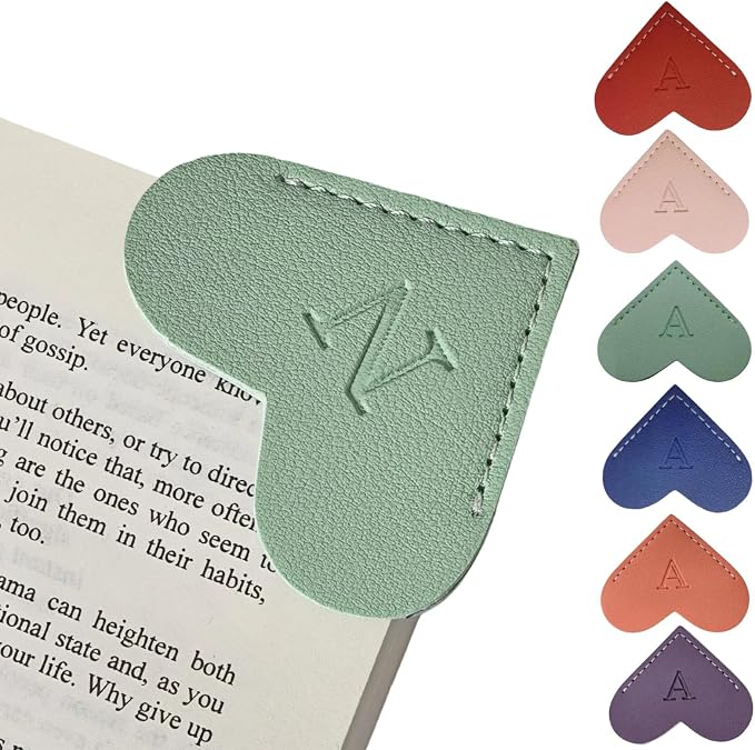 Personalized Leather Heart Bookmarks with Initials, 26 Letters Custom Corner Book Mark for Reading Women,Teacher, Student, Book Lovers Book Marker, Meaningful Gifts (Dark Blue+Light Green,N)