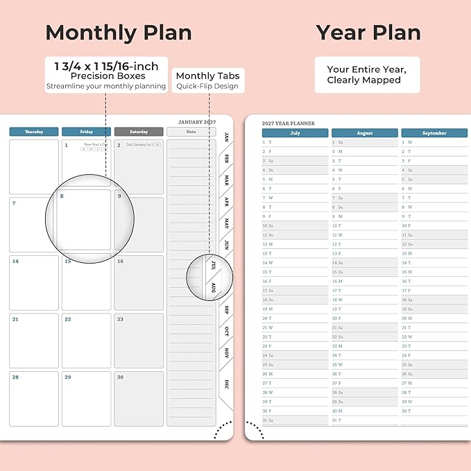 Weekly Monthly 2026-2027 Planner (July 26-Dec 27),11.5"x8.5",18 Months Agenda Plan with Month Tabs & Pocket,Expenses/Note Pages, Academic Calendar with Vegan Leather Cover,Pink