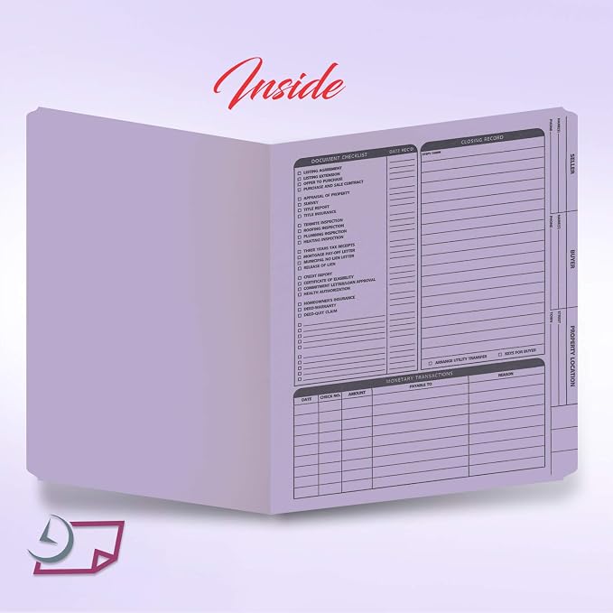 NextDayLabels - Real Estate Listing Folder â€“ Right Panel List, Pre-Printed on Durable Card Stock with Closing Checklist and Color-Coded Dots for Organizing (Lavender, Letter Size | Pack of 25)
