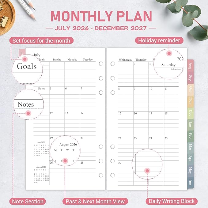 2026-2027 Monthly Planner Refill for A6 6-Ring Binders, 3.8"x6.8" Small Size Planner Inserts, Jul. 2026 - Dec. 2027, 18 Monthly Calendars with Colorful Laminated Tabs, 6-Hole Punched