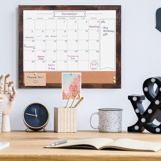 Dry Erase Calendar Whiteboard for Wall, Small Combination Magnetic Dry Erase White Board & Bulletin Board, 13" x 17" Walnut Brown Frame Calendar/Cork Combo Board(WB-3343)