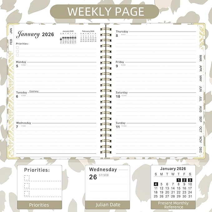 2026 Planner, Jan.2026 - Dec.2026 Planner Weekly and Monthly 6.25"x8.5" with with Page Tabs, Calendar Hardcover with Inner Pocket, Elastic Band, Twin-Wire Binding, Bookmark, Gray Pink Leopard