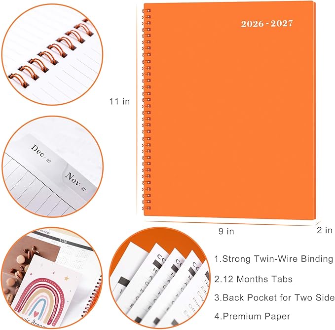 Monthly Planner 2026-2027 - JUL 2026 - DEC 2027, Monthly Calendar 2026-2027, 18 Month Planners with Tabs & Pocket & Label, Contacts and Passwords, 9" x 11", Thick Paper, Twin-Wire Binding - Orange