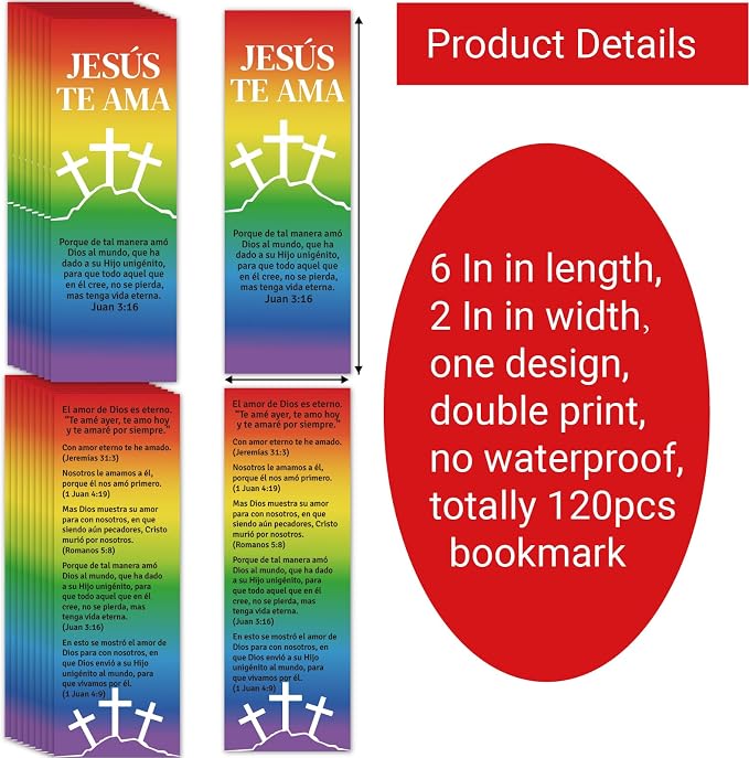 120Pcs Spanish Bible Bookmarks Religious Valentines Christian Books of Bible Bible Verse Prayer Scripture Jesus Loves You Bookmarks Gospel Tracts for Sunday School Office (Jesus TE AMA, 120)
