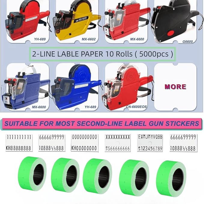 10 Rolls Labels Paper Suitable for MX-6600, MX-6602, YH-689 Price tag 2-line Marking Gun Pricemarker Labels (Without Gun (Green)