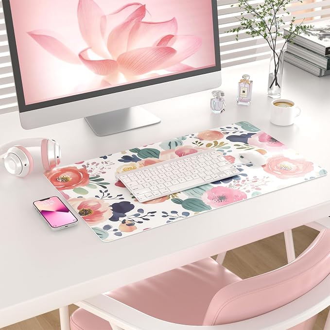 Colorful Star Large Mouse Pad, Pink Floral Desk Mat for Desktop, Women Girls PU Leather Waterproof Gaming Mousepad, Computer PC Laptop Protector Flowers Desk Pads for School Office Home 23.6" x 13.8"