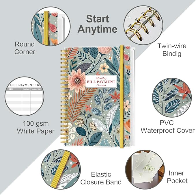 Monthly Bill Organizer - Monthly Bill Payment for Personal Budgeting Financial, Payments Checklist Organizer, 5.8" x 8.5", Flower-A