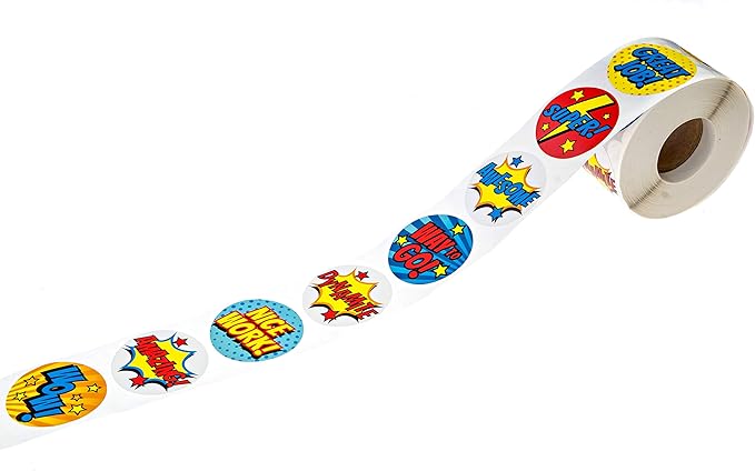 Super Hero Reward Stickers / 500 Labels Roll / 8 Cartoon Comic Designs / 1.5" Classroom Teacher Nice Work Incentive Grading Labels/Made in The USA