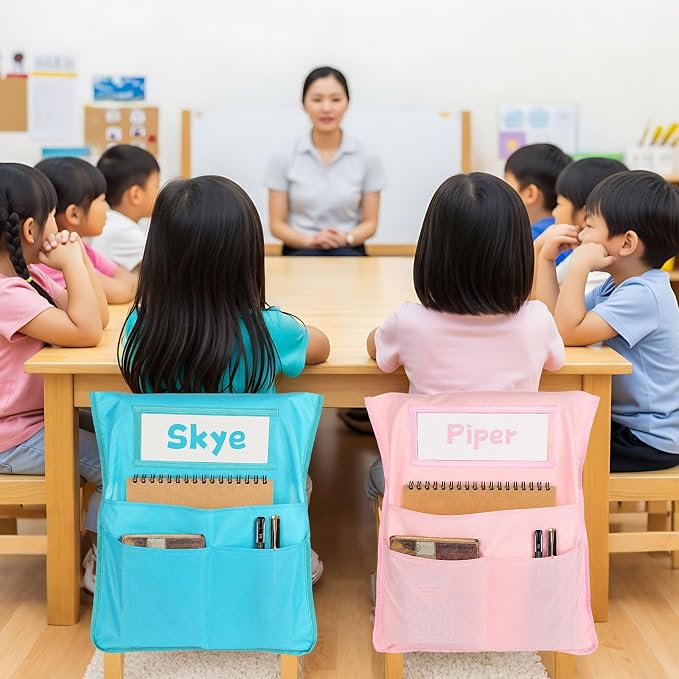 24pcs for Classroom 16.3x19.7inch Classroom Chair Pockets with Name Tag 3 Pockets Chair Organizer for Teacher Student School Office(Boho)