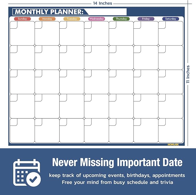 HOMiDEK Magnetic Dry Erase Calendar for Refrigerator: Fridge Whiteboard Calendar Magnet Monthly Planner Family Planning Board with Dry Erase Markers & Eraser - 14 x 11 Inches