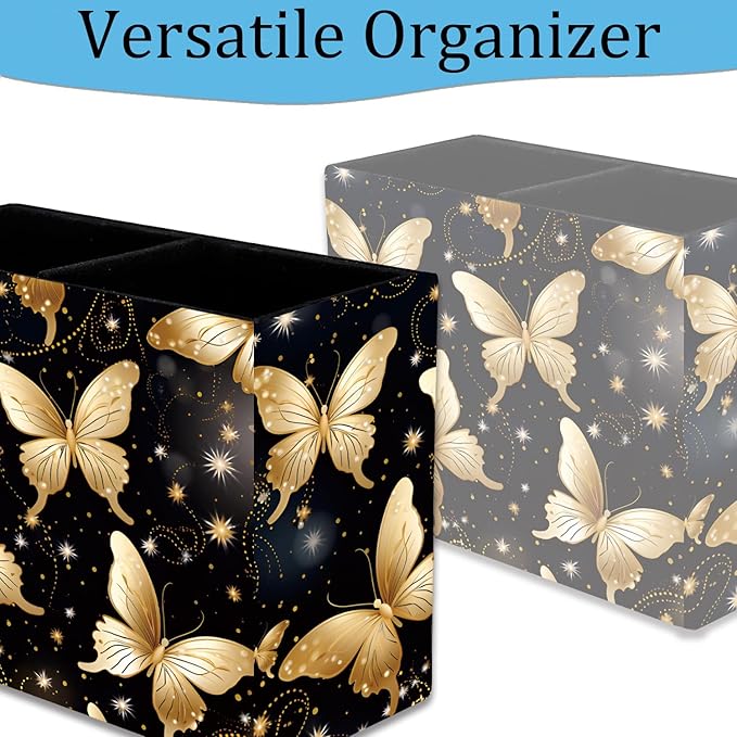 Pen Holder, Pencil Case, Makeup Brush Storage Box, Tableware Storage Box, Suitable for Office Or Home Item Organizing Stand - Golden Butterfly
