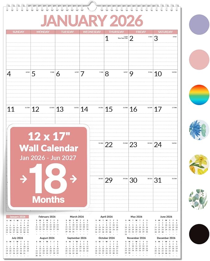 2026 Calendar, Forvencer Large Wall Calendar 2026, 12" x 17", Jan 2026 to Jun 2027, 18-Month Calendars with Stickers, Vertical Hanging Spiral Calendar Planner, Thick Paper, Ruled Blocks, For Family, Office & Seniors