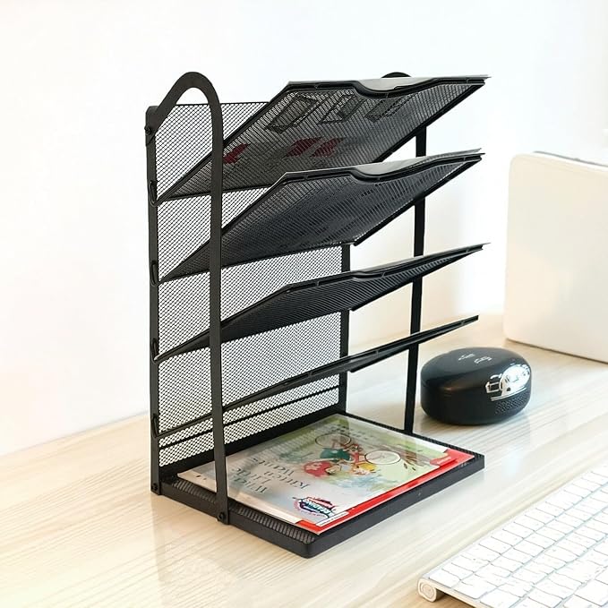 5 Tier Mesh Desk Organizer Letter Tray-Angled File Holder,Black | Metal Office Desk file Organizer with Handle,Paper Sorter Organizer for Office,Home,Classroom or School