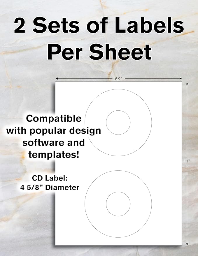 CD/DVD Label Full Face | Qty 100 Disc, 200 Spine | 50 Sheets Total | Permanent White Matte | Inkjet & Laser Compatible | Customizable Printable | Blank Label