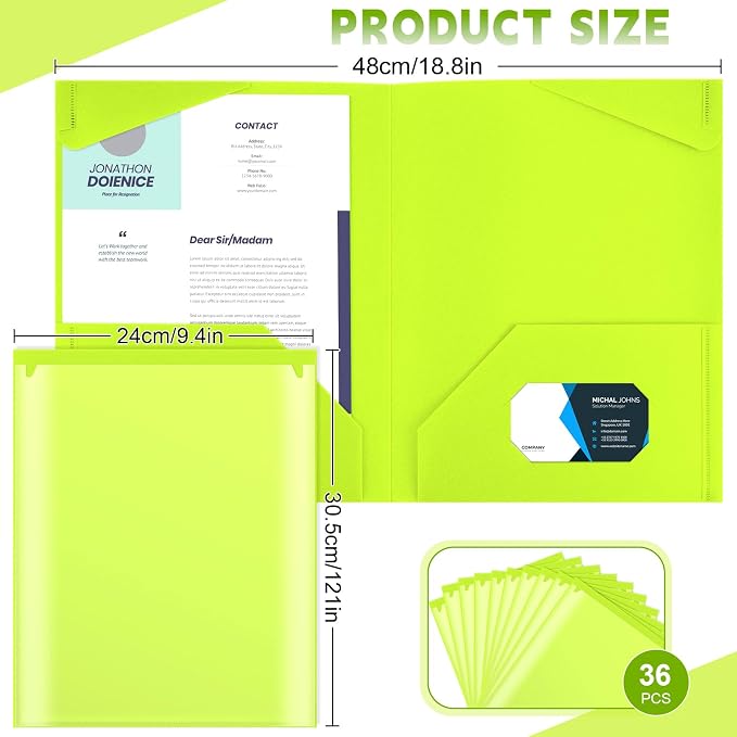Henoyso 36 Pack Fluorescent Green Plastic Folders with Clear Front Pockets Heavy Duty File Folders with 2 Pockets and Card Slot for Student Communication School Office Presentation Report