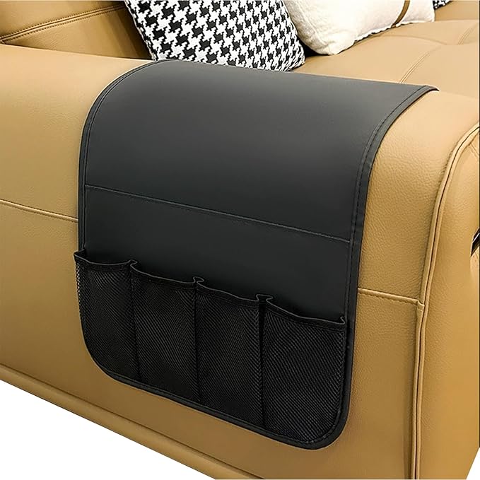 IPENNY No-Slip PU Leather Sofa Armrest Organizer, Remote Control Holder Arm Chair Beside Storage Bag for Recliner with 5 Pockets (Black)