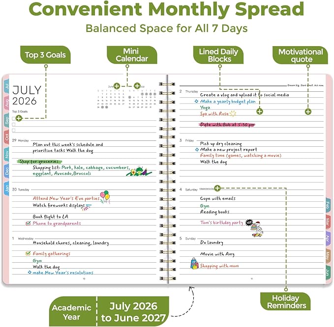 Vinspire 2026 Planner - Yearly, Monthly, and Weekly Planner 2026-2027 for Teachers & Students - Spiral US Academic Year Student Calendar Planners with Notes Pages 2026 Planner Weekly and Monthly - Small (Pink, 6.3“×8.4”)