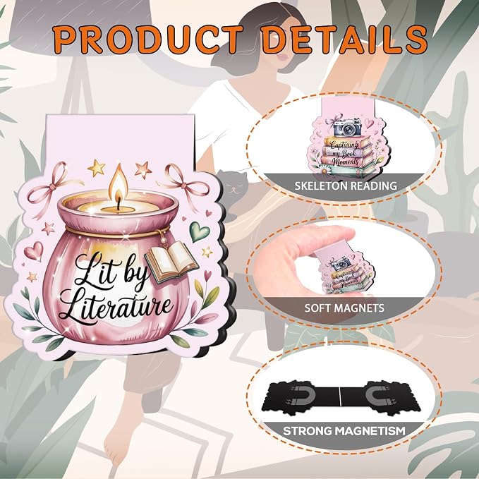 Wxiben Romance Magnetic Bookmarks Gifts - 18 Pcs Book Lovers Magnet Book Page Markers for Women Pink Floral Bookmark Clips Accessories Gift for Home Students Teacher School Reading Office Supplies