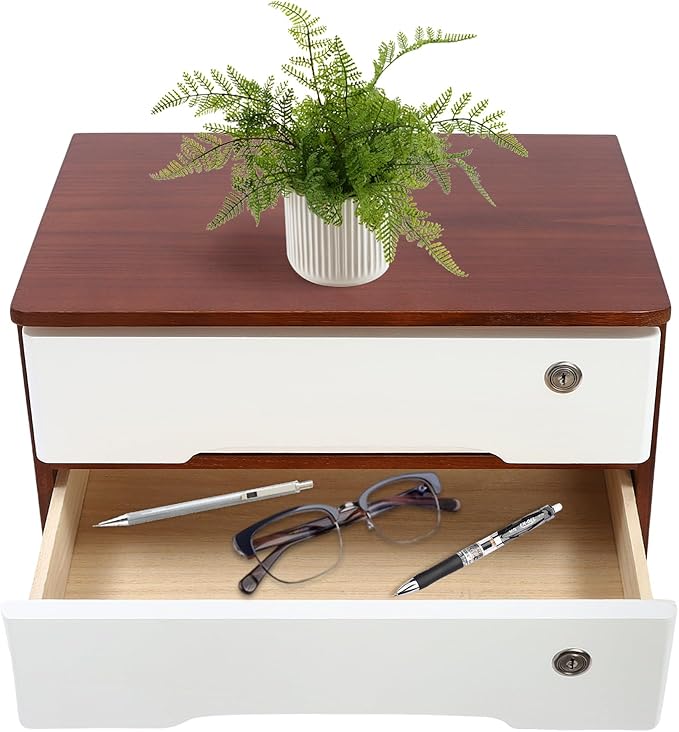 Lockable Desk Organizer Wooden Desktop Drawers Office Flat Files Storage Box Locking Countertop Storage Cabinet (Walnut + White, 2-Tier)