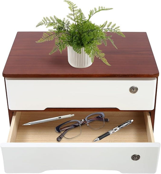 Lockable Desk Organizer Wooden Desktop Drawers Office Flat Files Storage Box Locking Countertop Storage Cabinet (Walnut + White, 2-Tier)