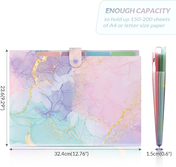 SKYDUE Expanding File Folder with 5 Pockets, Cute Accordion File Organizer, Letter Size Filing Folder, Letter Size Folders for Documents, School Office Supplies Marble Pink
