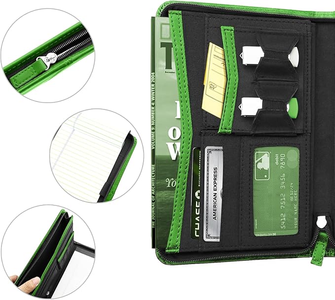 Junior Padfolio/Resume Portfolio Binder with Refillable Lined Notepad, A5 Padfolio Folder, Business Portfolio, Multi-Function Case, A5 Writing Pad Included,Green