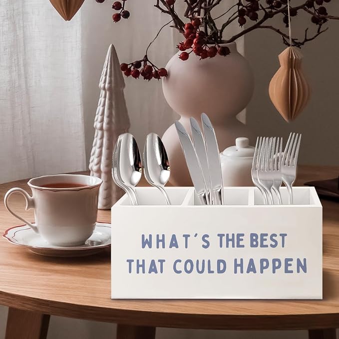 What's the Best That Could Happen Inspirational Wooden Pen Pencil Holder for Office Desk Accessories, Motivational Desk Decor, Retro Blue Makeup Brush Toothbrush Holder Organizer