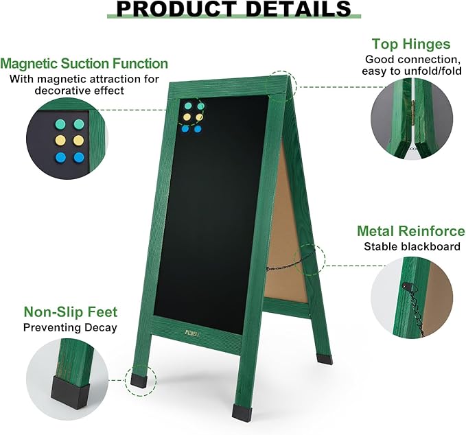 Large Sandwich A-Frame Chalkboard Sign - 40 x 20 Inches Green Magnetic Wooden Chalk Board for Sidewalk, Stand up Double-Sided Outdoor Easel Display for Restaurant Cafe Shop Wedding Party or Business