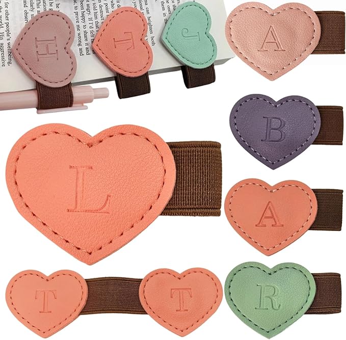 Personalized Magnetic Leather Heart Bookmark with Pen Holder - 26 Letters Custom Book Mark Notebook Pencil Loop with Initial Book Marker for Readers, Book Lovers- Gifts for Women Men(Black & Orange,L)