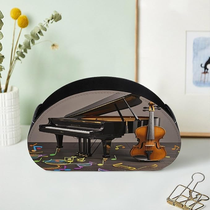 Leather Remote Control Holder with 5 Compartments Piano Violin Music Notes Remote Caddy Desktop Organizer Store TV Remote Holder Remote Organizer for Bedside Table Office Desk