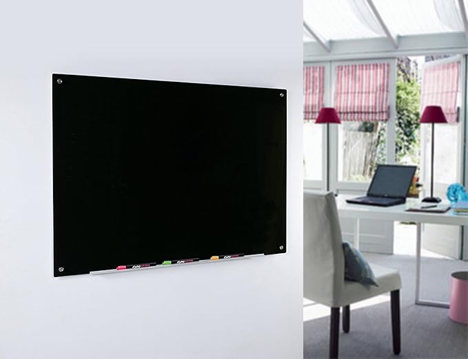 Audio-Visual Direct Magnetic Black Glass Dry-Erase Board Set - 45" x 30" - Includes Magnets, Hardware & Marker Tray