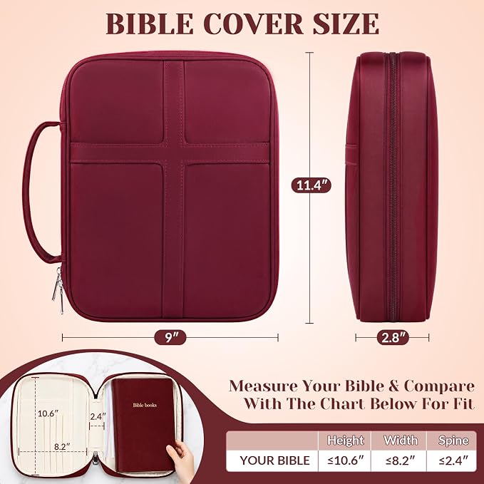 XKDOUS Bible Cover, Large Bible Bag with Durable Handle, Cross Design Waterproof Bible Case with Bible Study Supplies, Christian Gift for Mom, Women and Men (Burgundy)