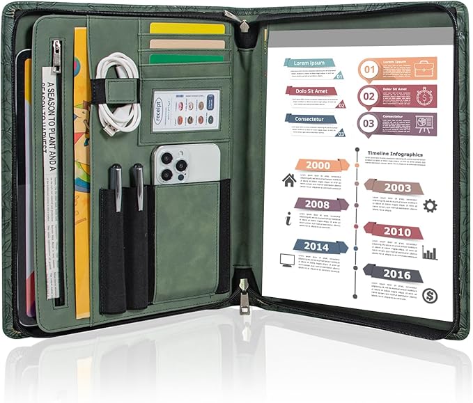 Calfinder Vegan Leather Portfolio with Zipper, Professional Business Padfolio with A4 Writing Pad Holder, Green Christmas Gifts, Resume Folder for Men and Women (Dark Green, Customized)