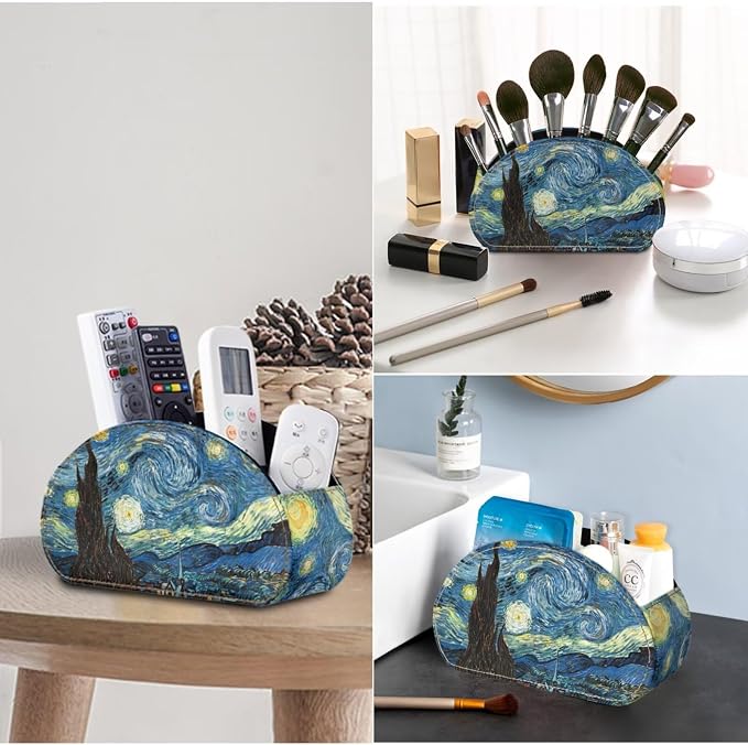Office Desk Organizers with 5 Compartments, Starry Night Print Remote Control Holder - Desktop/TV Cabinet/Vanity Caddy, Storage for Controllers/Cosmetic Brushes/Glasses