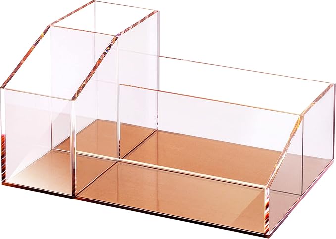 Clear Acrylic Makeup Brush Organizer with Metallic Rose Gold Base, 4 Compartment Office Organizers for Desk, For Makeup Storage Bathroom Organization, Classroom Organization & Desk Accessories