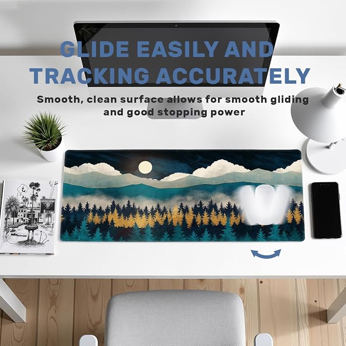 Golden Forest Desk Mat Gaming Mouse Pad Teal Mountain Moonlight Mist Mousepad Computer Keyboard Pad Mouse Mat Laptop Mat 31.5 x 11.8 Mouse Pads for Desk Home Office Gaming