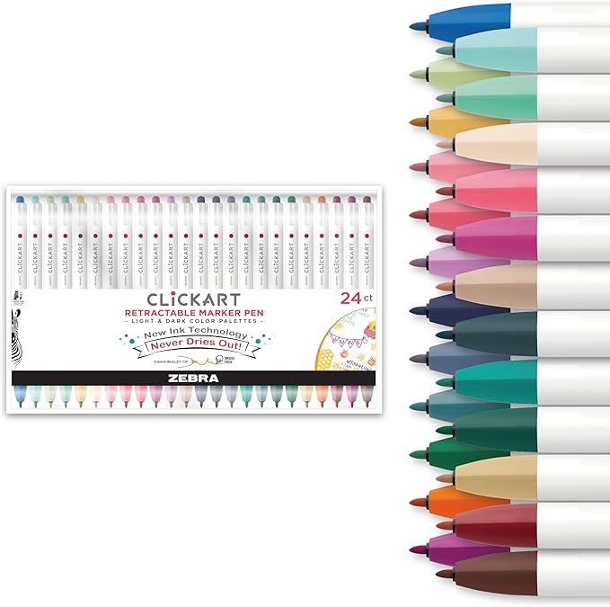 Zebra Pen CLiCKART Retractable Felt Tip Pen, Assorted Ink Colors, 0.6mm Fine Point, Moisture Absorbing to Prevent Drying Out, No Bleed, Ideal for Journaling, Drawing and Writing, 24-Pack (69824)