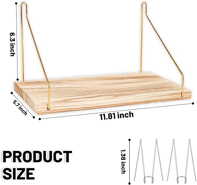 2-Pack Cubicle Shelf For Fabric Walls With Hooks：12x6.0in Wooden Cubicle Shelf Hanging Gold Bracket Use For Office Cubicle Accessories Office Stylish Ations Cubicle Decorations For Women Desk