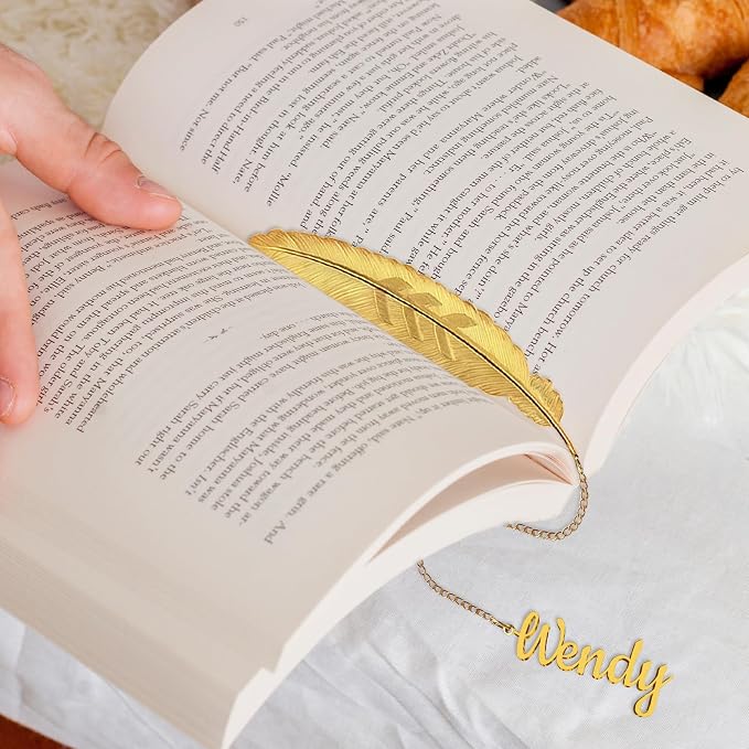 Custom Feather Bookmark Personalized Metal Bookmark with Name Pendant, Gold Silver Customized Gift for Bookworms, Teachers, Women Includes Gift Box