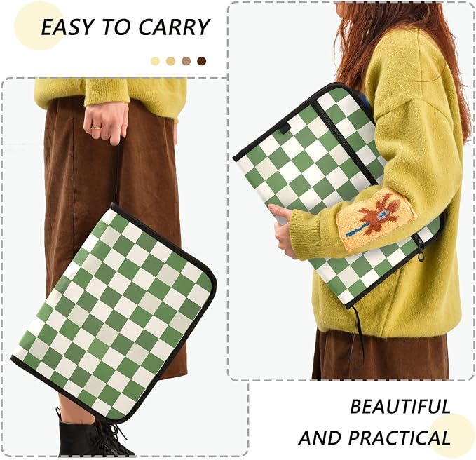 Expanding File Folder Green White Checkered Buffalo Plaid Accordion File Organizer 13 Pockets Document Organizer with Zipper Labels A4 Letter Office Storage