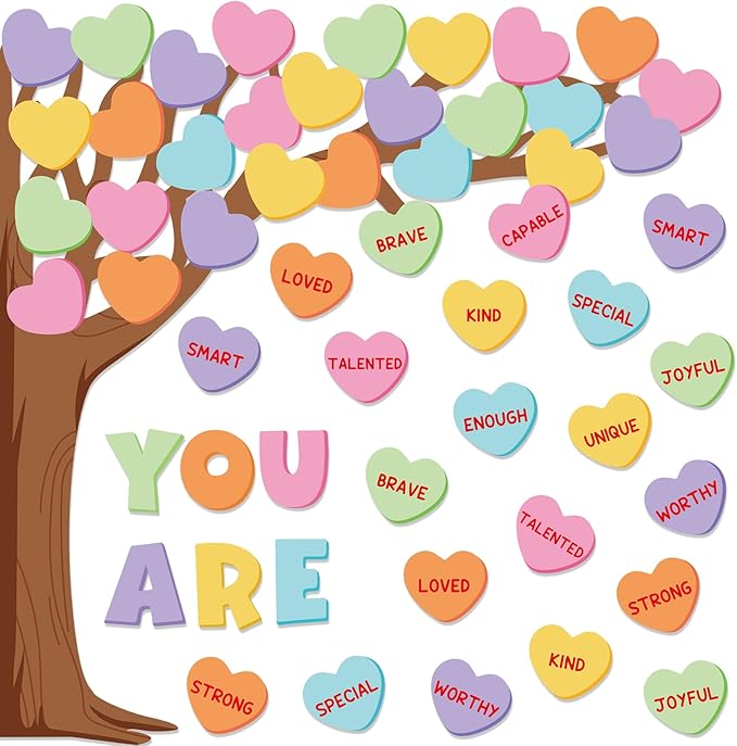 JarThenaAMCS 61Pcs Valentine's Day Classroom Bulletin Board Set Classroom Decoration Conversation Candy Heart Tree Cutout with Glue Points for School Wall Door Decor Party Supplies