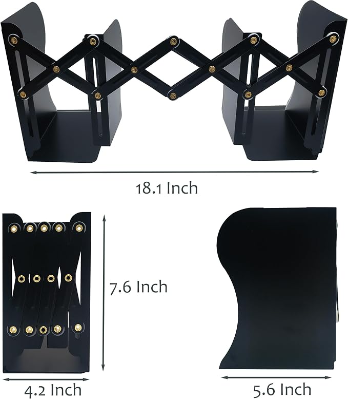 Metal Bookends, Book Ends for Heavy Books, Adjustable Book Holder for Shelves, Book Stopper for Home/School/Office, Extends up to 19 inches, Black